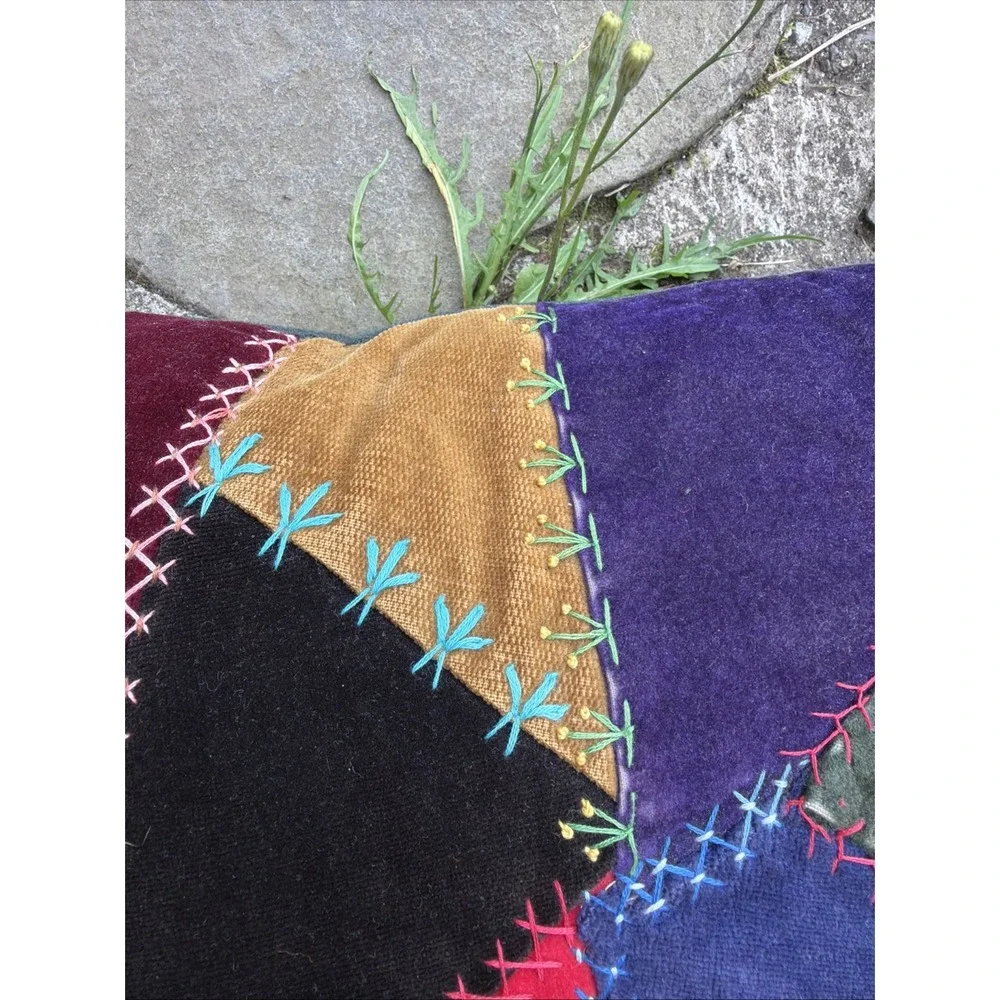 Vintage crazy quilt throw pillow made from  Scrap, green velvet back 16 x 17